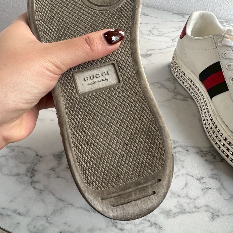 💥百搭必買款💖GUCCI 紅綠蜜蜂織帶白色滿鑽板鞋 37.5-13