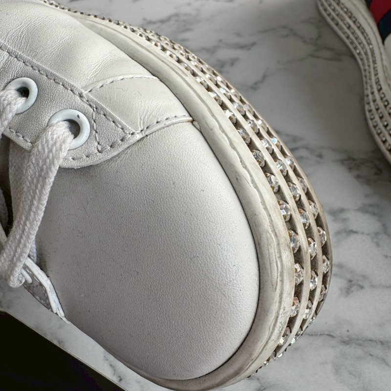 💥百搭必買款💖GUCCI 紅綠蜜蜂織帶白色滿鑽板鞋 37.5-15