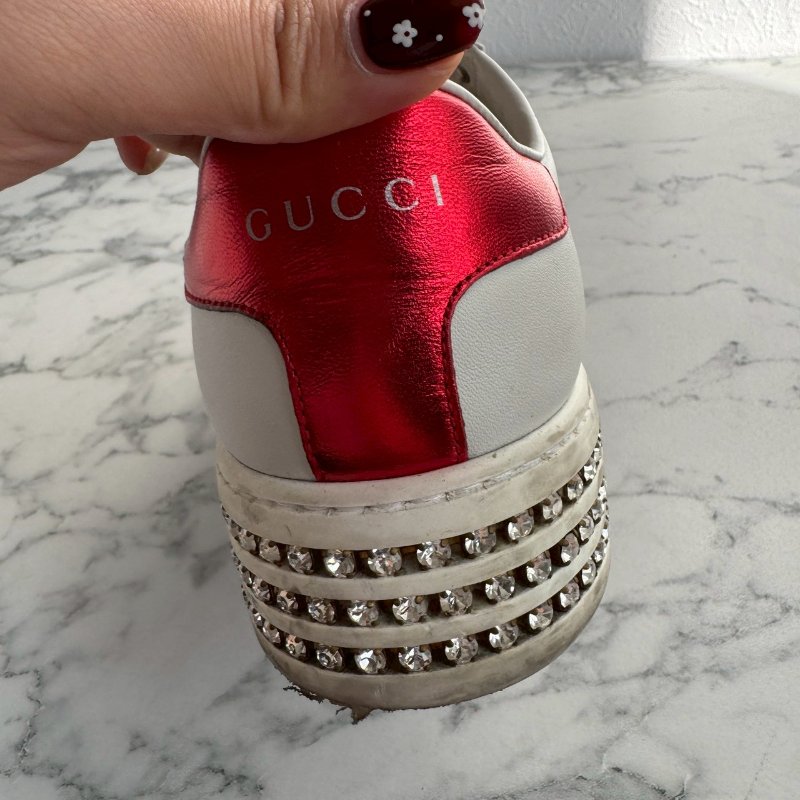💥百搭必買款💖GUCCI 紅綠蜜蜂織帶白色滿鑽板鞋 37.5-20