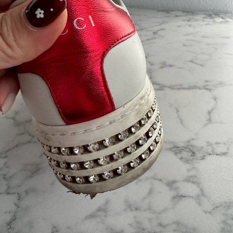 💥百搭必買款💖GUCCI 紅綠蜜蜂織帶白色滿鑽板鞋 37.5-24