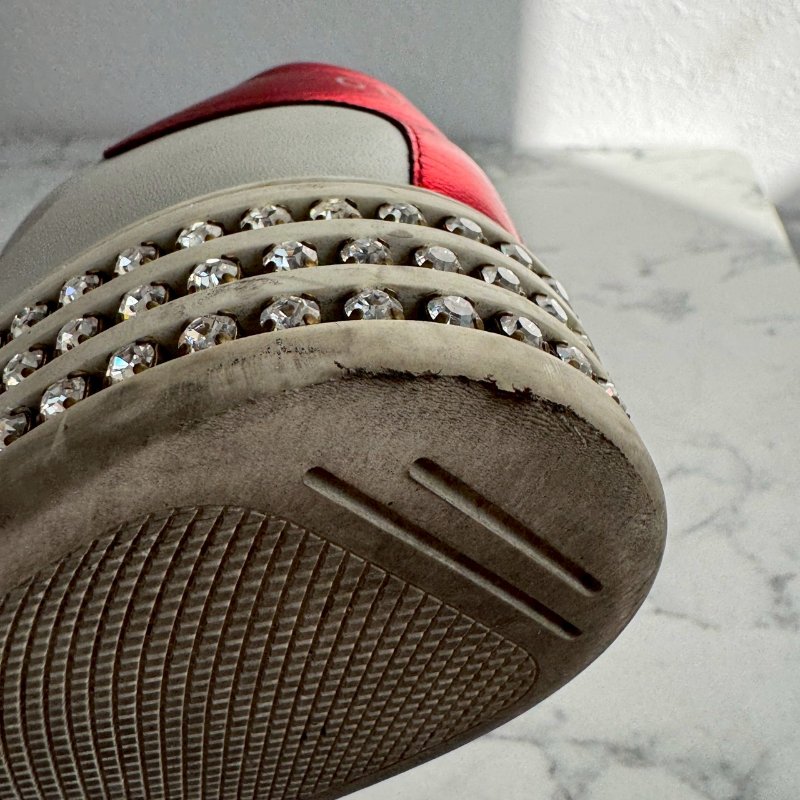 💥百搭必買款💖GUCCI 紅綠蜜蜂織帶白色滿鑽板鞋 37.5-25