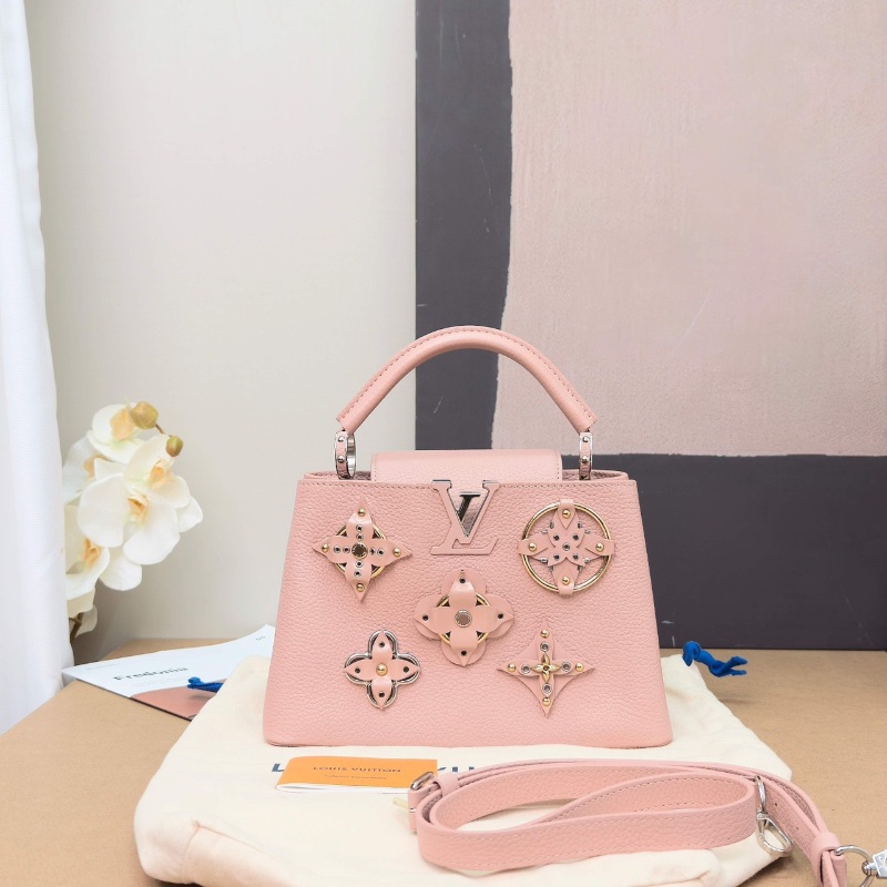 LV CapucinesBB粉色花卉裝飾 牛皮手提肩背包27*17.5*9 99新配件塵袋-2