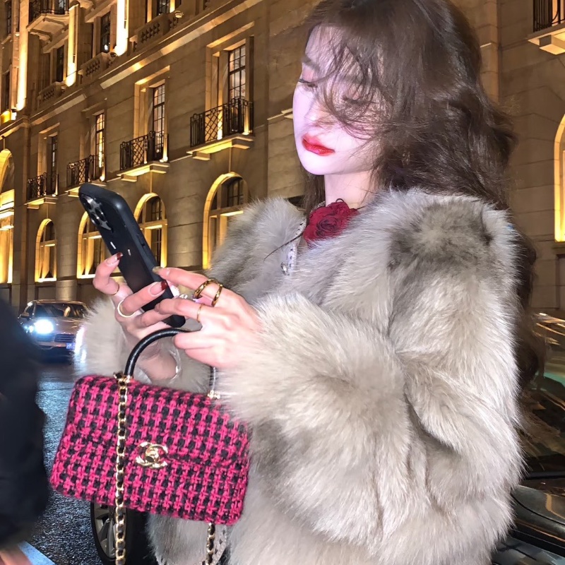 CHANEL 桃紅拼黑色格紋毛呢編織手提肩背豆腐包 19*13*8 99新配件塵袋-0