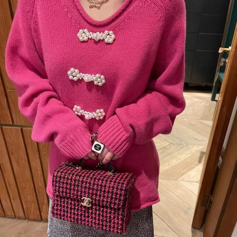 CHANEL 桃紅拼黑色格紋毛呢編織手提肩背豆腐包 19*13*8 99新配件塵袋-1