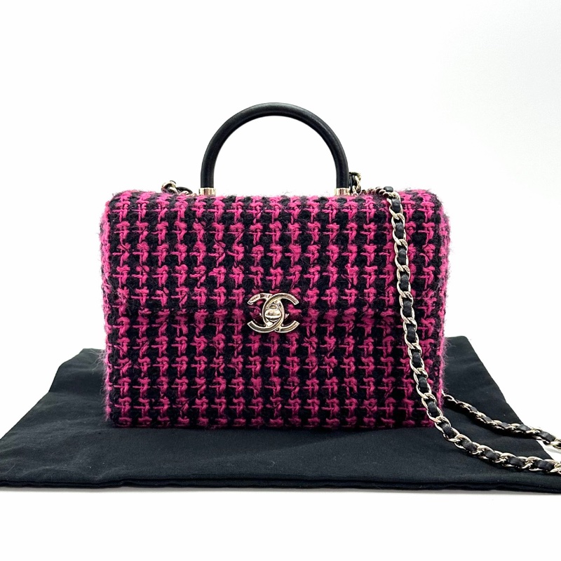CHANEL 桃紅拼黑色格紋毛呢編織手提肩背豆腐包 19*13*8 99新配件塵袋-2