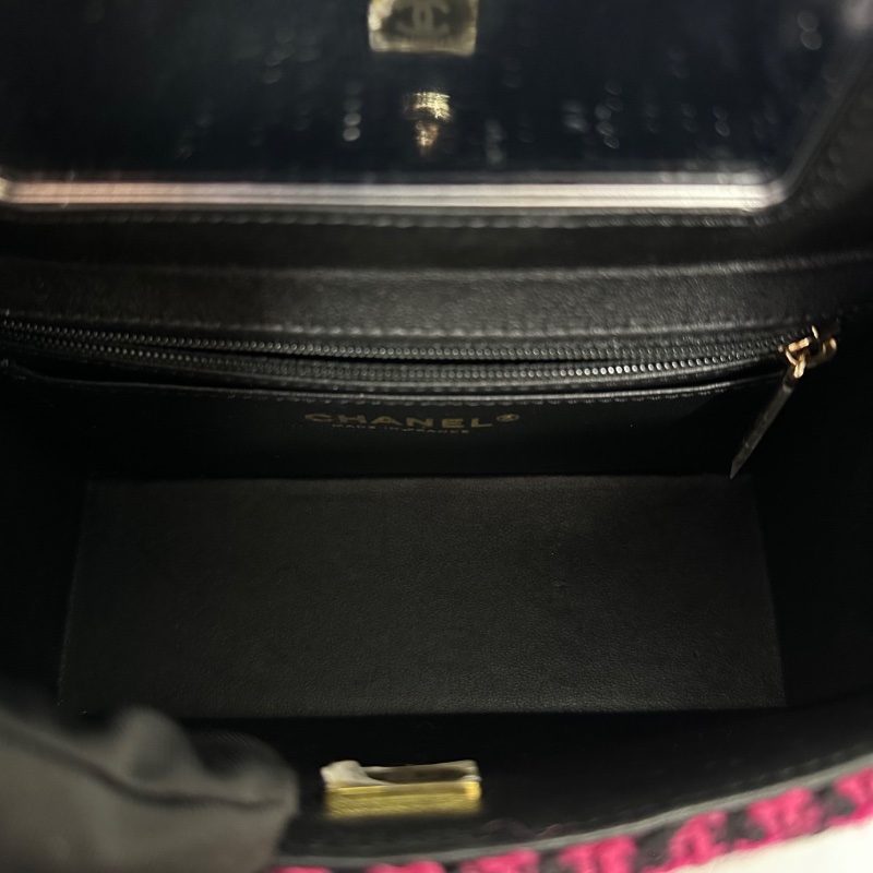 CHANEL 桃紅拼黑色格紋毛呢編織手提肩背豆腐包 19*13*8 99新配件塵袋-3