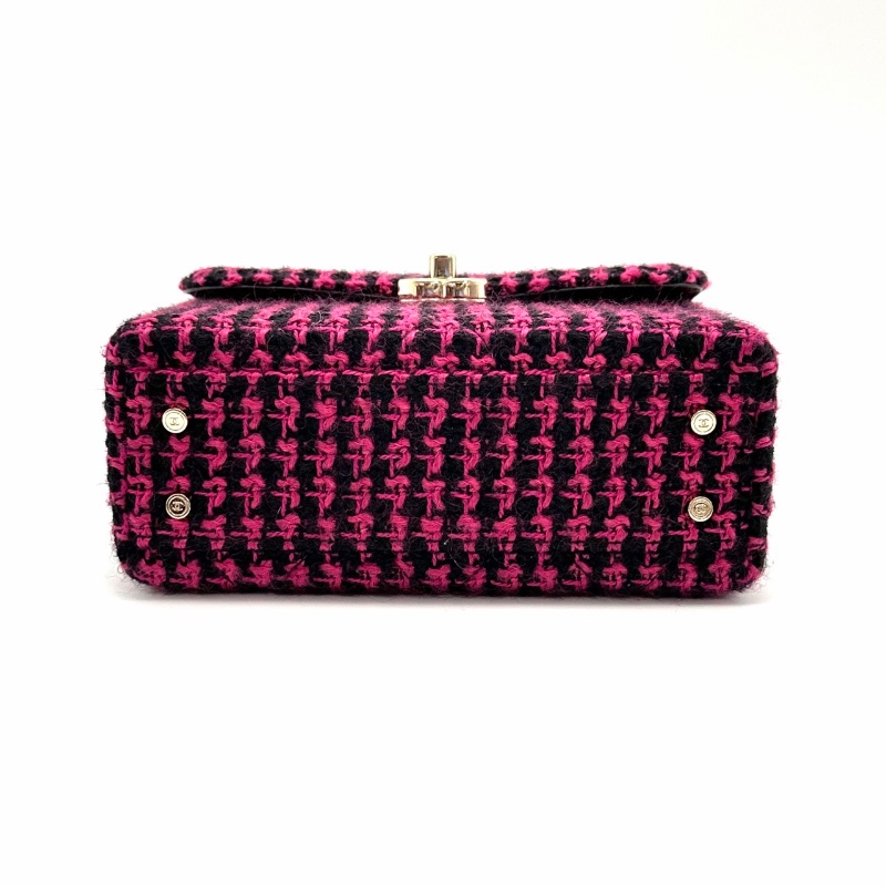 CHANEL 桃紅拼黑色格紋毛呢編織手提肩背豆腐包 19*13*8 99新配件塵袋-5