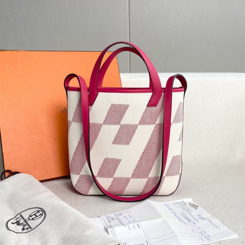 Hermes Cabas biais27 玫紅色拼米色 帆布拼皮27*24*8.5 99新配件塵袋 購證-2