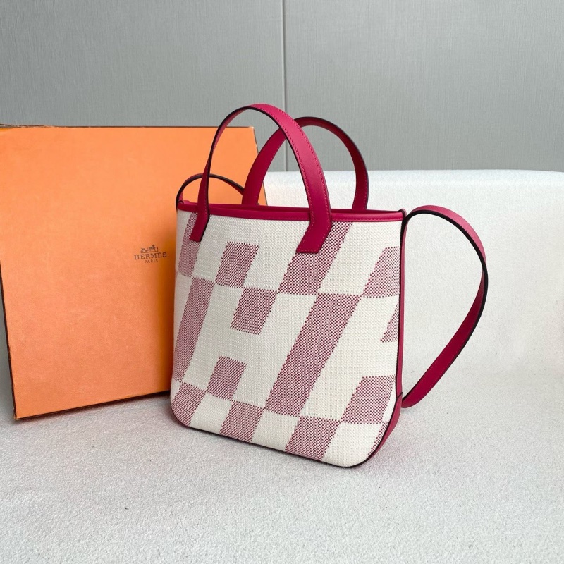 Hermes Cabas biais27 玫紅色拼米色 帆布拼皮27*24*8.5 99新配件塵袋 購證-4