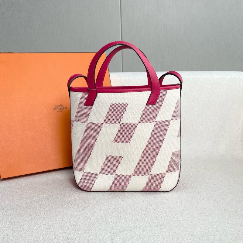 Hermes Cabas biais27 玫紅色拼米色 帆布拼皮27*24*8.5 99新配件塵袋 購證-8