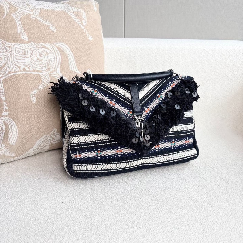 YSL黑白條紋編織郵差包 編織拼皮 30*20*8cm 98新配件肩帶 塵袋-4