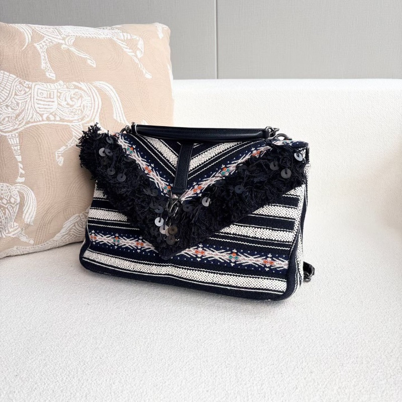 YSL黑白條紋編織郵差包 編織拼皮 30*20*8cm 98新配件肩帶 塵袋-6