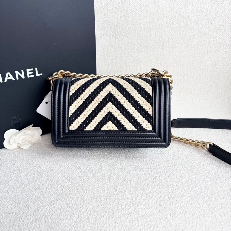 Chanel 黑白V紋Leboy小號 編織針織拼皮  金扣20*12*6 98新配件塵袋-7