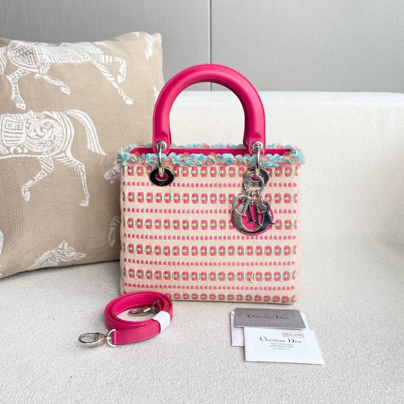 Dior黛妃五格 編織拼羊皮 粉色銀扣 24*20*12 98新配件肩帶 保卡 說明書 塵袋-1