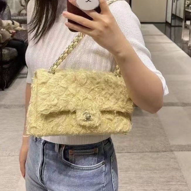 Chanel 流蘇毛呢CF中號 小雞黃 金扣25*15*7 98新配件塵袋-0