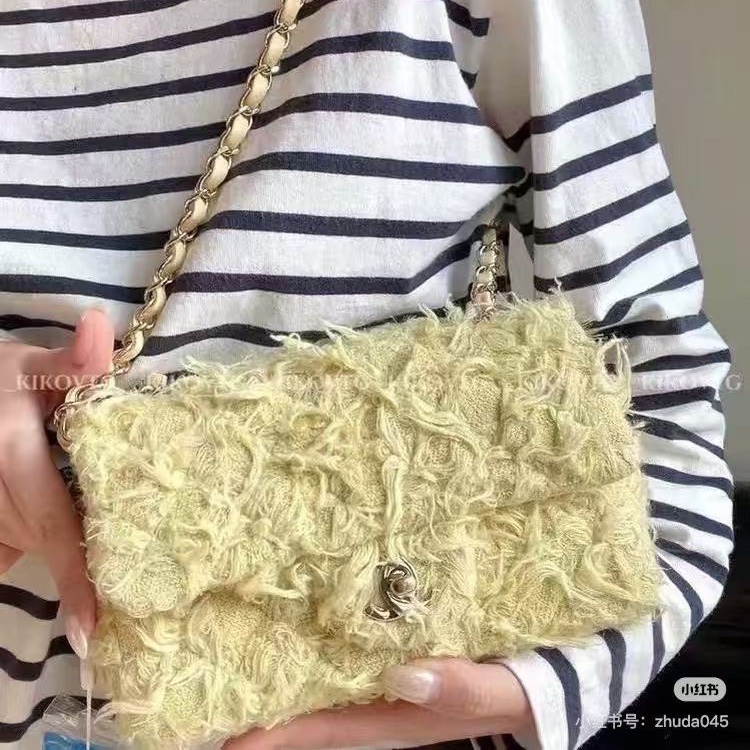 Chanel 流蘇毛呢CF中號 小雞黃 金扣25*15*7 98新配件塵袋-1