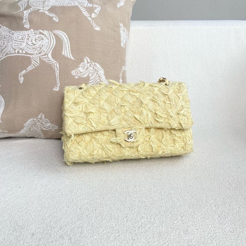 Chanel 流蘇毛呢CF中號 小雞黃 金扣25*15*7 98新配件塵袋-6