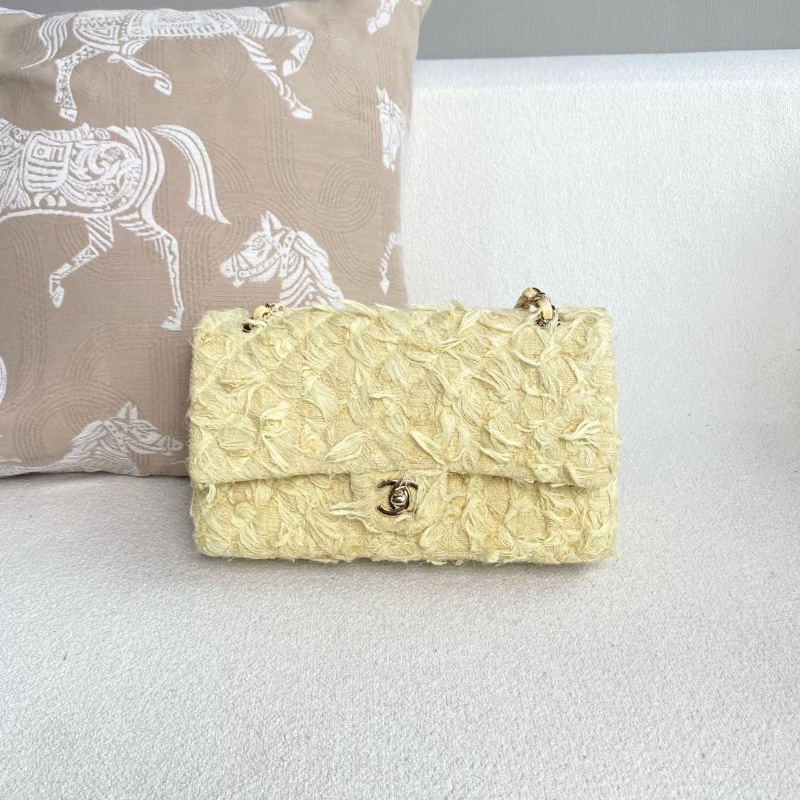 Chanel 流蘇毛呢CF中號 小雞黃 金扣25*15*7 98新配件塵袋-7