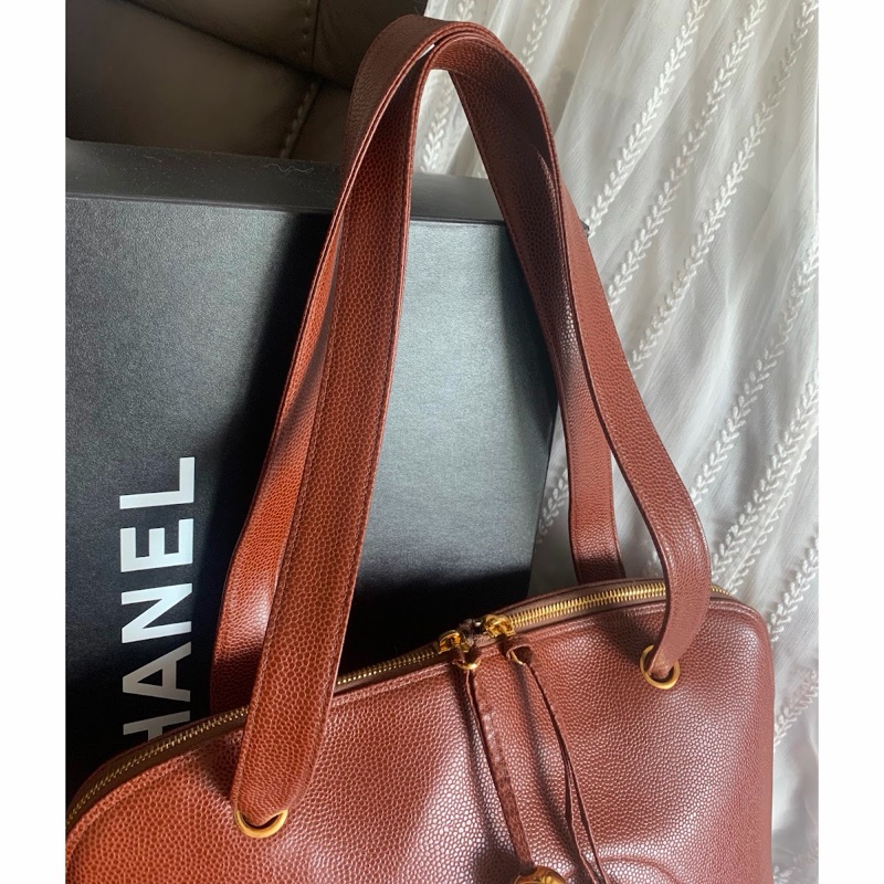 香奈兒金球托特包 魚子醬 焦糖色 大CC Logo 肩背包 腋下包 香奈兒 黑色牛皮 中古包 二手包  古董包 Vintage chanel brown caviar gold ball shoulder bag-4
