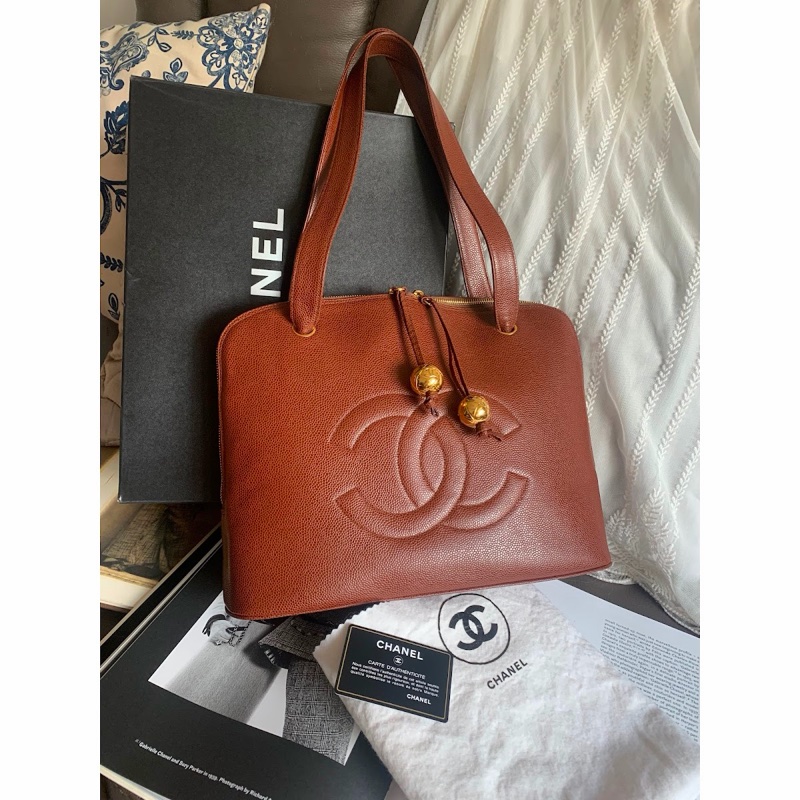 香奈兒金球托特包 魚子醬 焦糖色 大CC Logo 肩背包 腋下包 香奈兒 黑色牛皮 中古包 二手包  古董包 Vintage chanel brown caviar gold ball shoulder bag-9