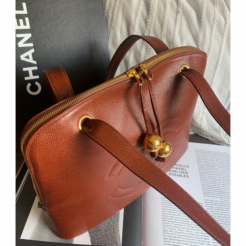 香奈兒金球托特包 魚子醬 焦糖色 大CC Logo 肩背包 腋下包 香奈兒 黑色牛皮 中古包 二手包  古董包 Vintage chanel brown caviar gold ball shoulder bag-20