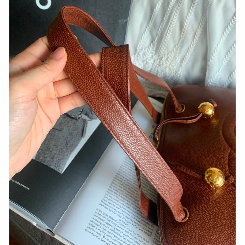 香奈兒金球托特包 魚子醬 焦糖色 大CC Logo 肩背包 腋下包 香奈兒 黑色牛皮 中古包 二手包  古董包 Vintage chanel brown caviar gold ball shoulder bag-21