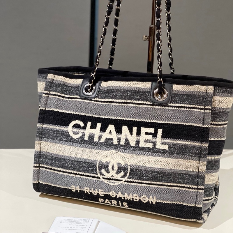 Chanel香奈兒條紋 灰色沙灘包小號 26開。-0