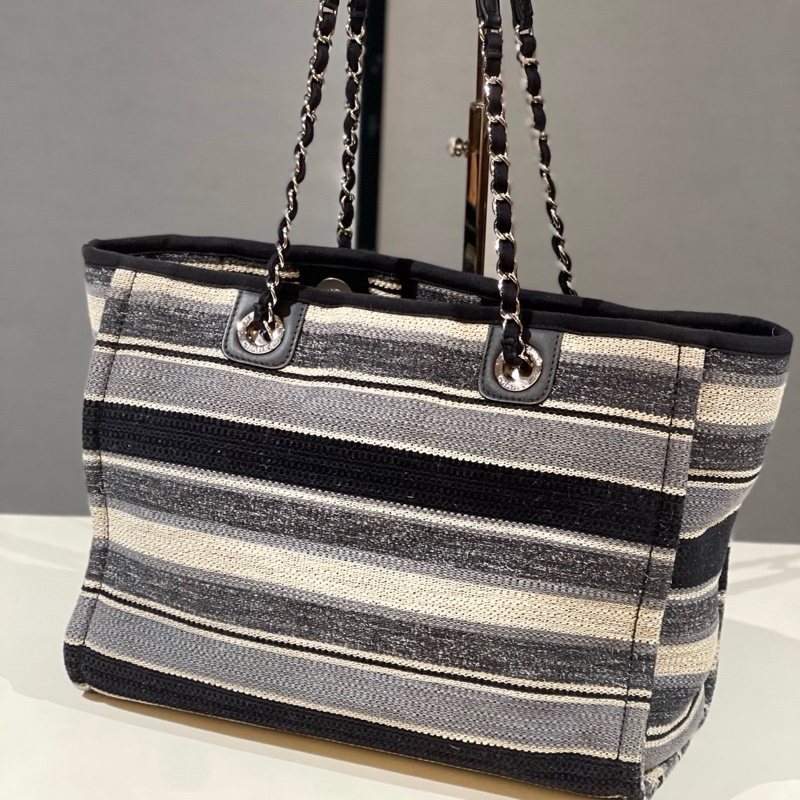 Chanel香奈兒條紋 灰色沙灘包小號 26開。-3