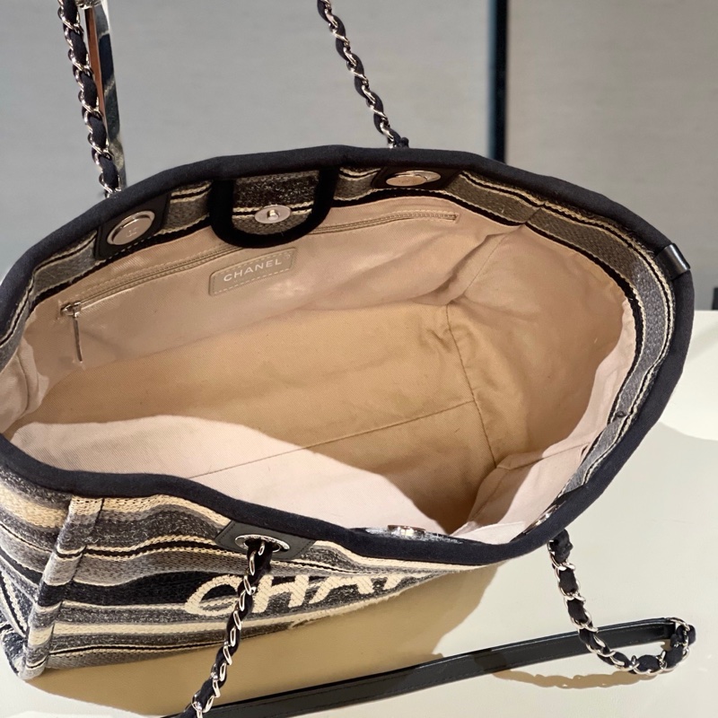 Chanel香奈兒條紋 灰色沙灘包小號 26開。-5