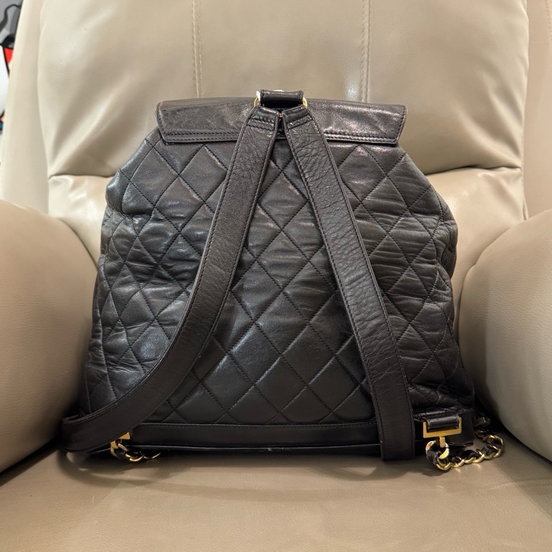 chanel 香奈兒中古黑金牛皮菱格雙扣 duma 雙肩包號-16