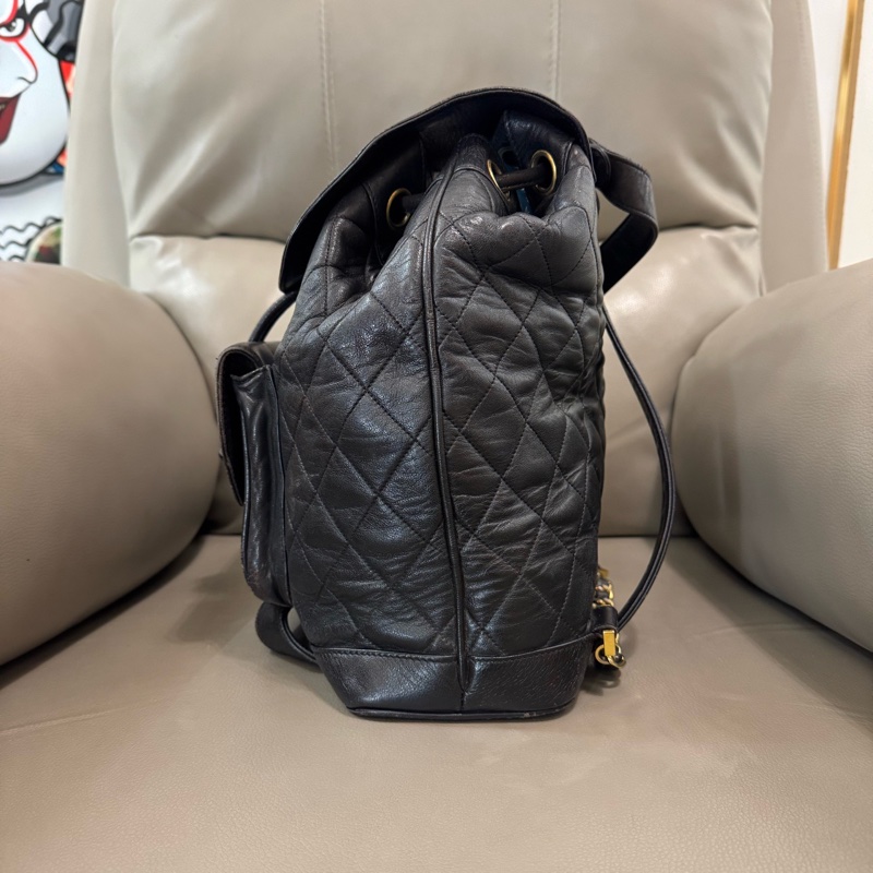 chanel 香奈兒中古黑金牛皮菱格雙扣 duma 雙肩包號-17