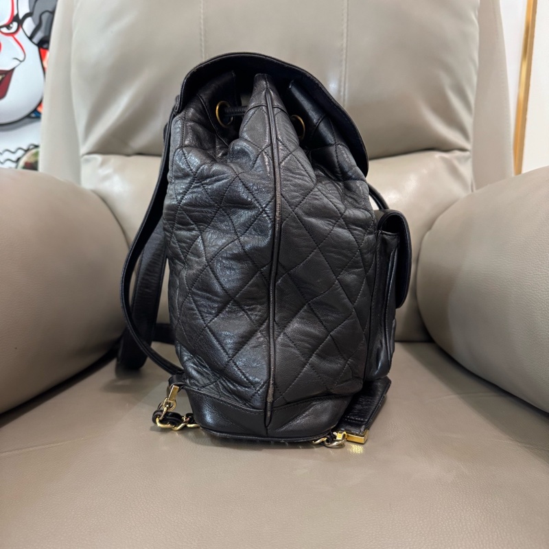 chanel 香奈兒中古黑金牛皮菱格雙扣 duma 雙肩包號-18