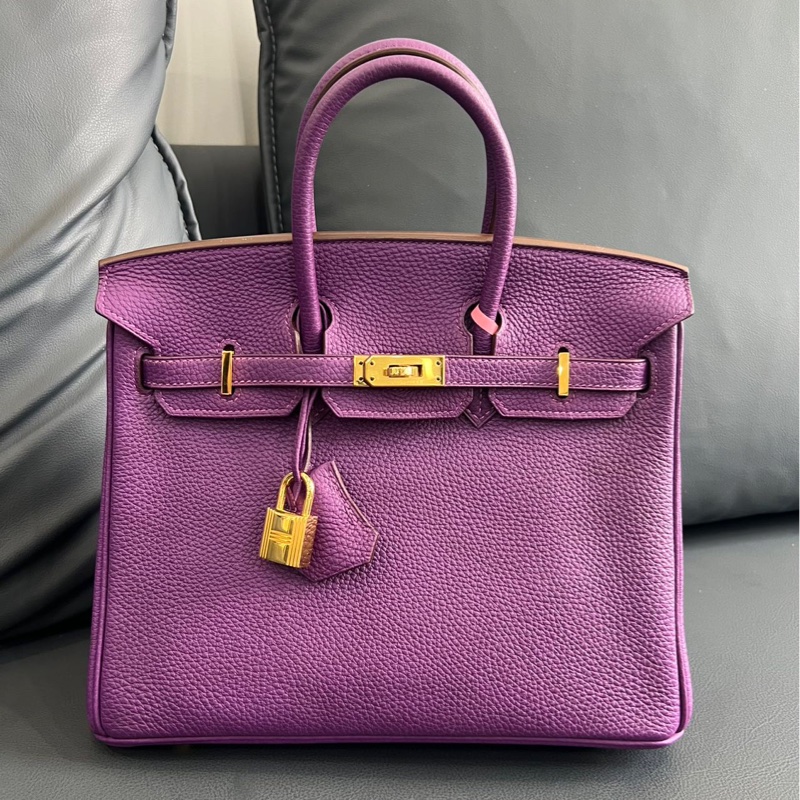 Hermès愛馬仕Birkin25 海葵紫金扣 Togo皮 框R刻 連鎖具-0