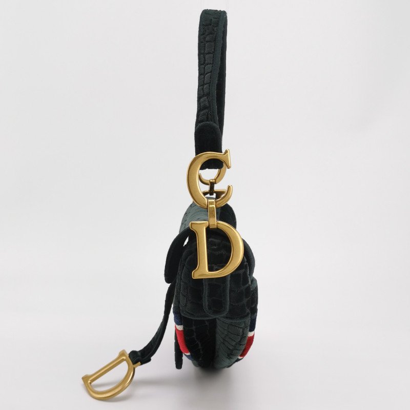 Dior Saddle馬鞍包絨布拼色條紋字母Logo鱷魚紋馬鞍造型單肩包-2