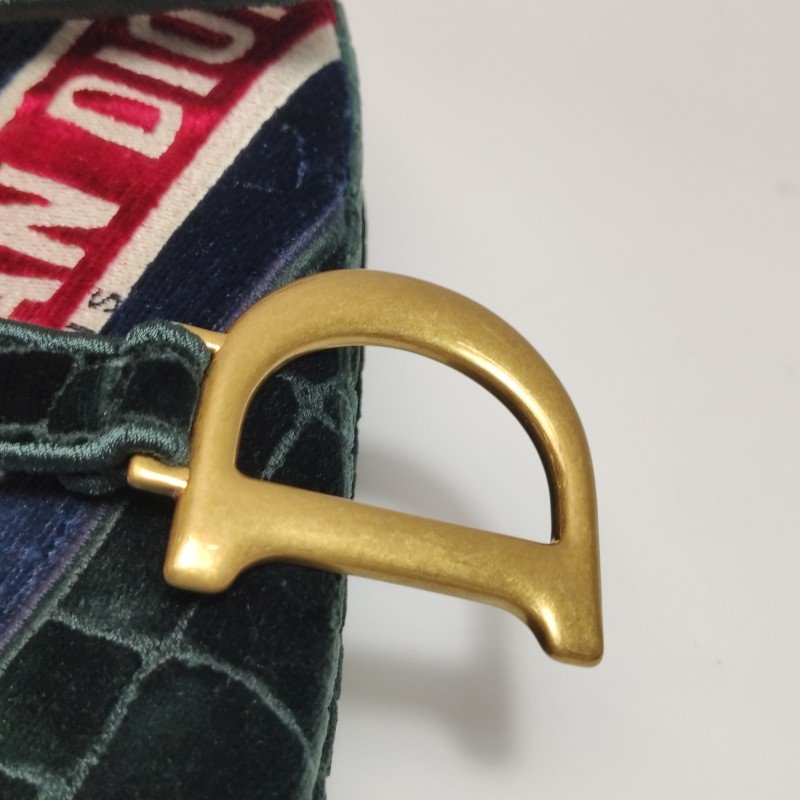 Dior Saddle馬鞍包絨布拼色條紋字母Logo鱷魚紋馬鞍造型單肩包-8