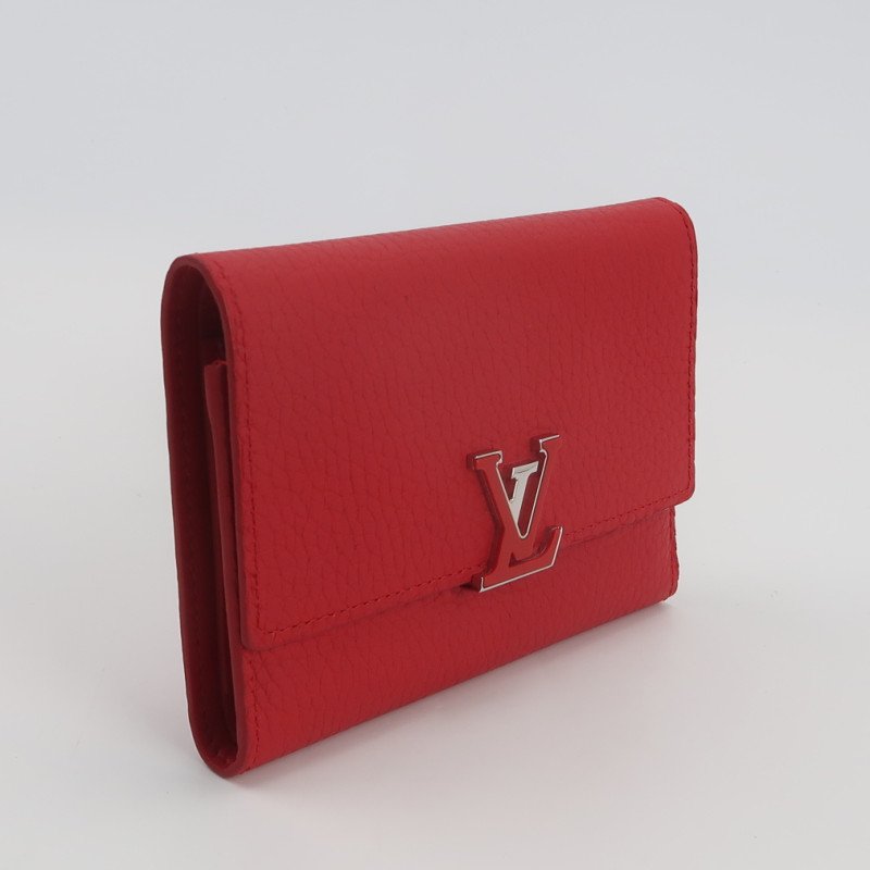 Louis Vuitton(LV)Capucines迷你牛皮純色金屬搭扣錢包-2