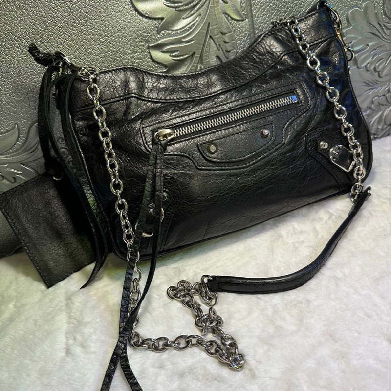 巴黎世家 機車包 黑銀 斜挎包 側背包 黑色皮革 鏈條包 black lambskin balenciaga classic city crossbody bag-0