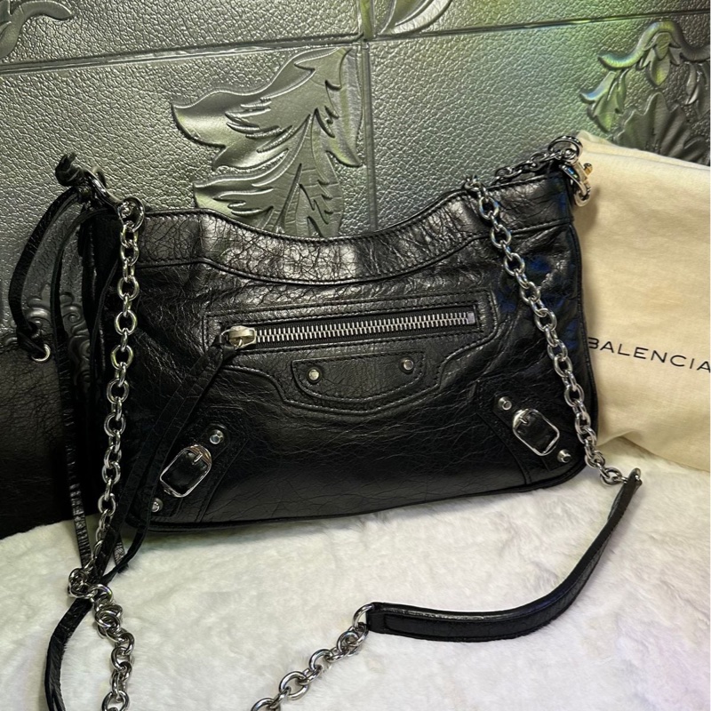 巴黎世家 機車包 黑銀 斜挎包 側背包 黑色皮革 鏈條包 black lambskin balenciaga classic city crossbody bag-2
