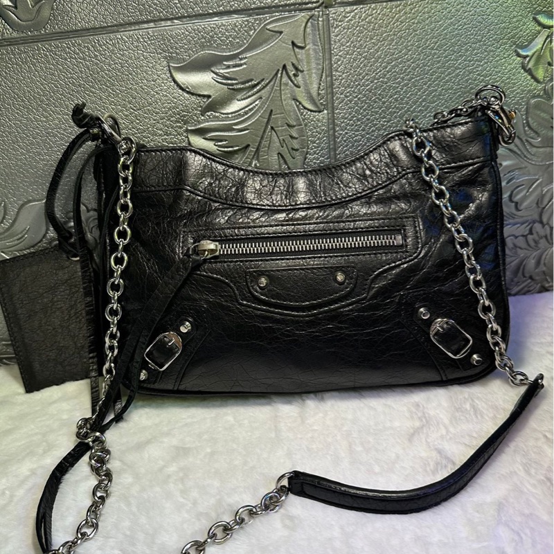 巴黎世家 機車包 黑銀 斜挎包 側背包 黑色皮革 鏈條包 black lambskin balenciaga classic city crossbody bag-4