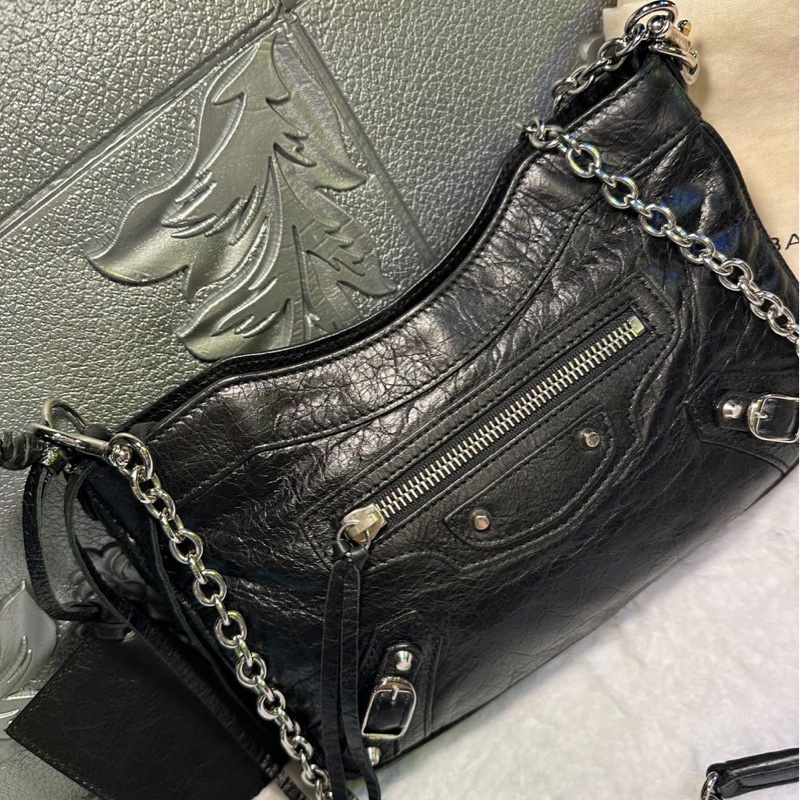 巴黎世家 機車包 黑銀 斜挎包 側背包 黑色皮革 鏈條包 black lambskin balenciaga classic city crossbody bag-8