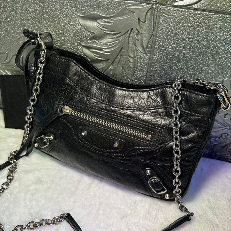 巴黎世家 機車包 黑銀 斜挎包 側背包 黑色皮革 鏈條包 black lambskin balenciaga classic city crossbody bag-10