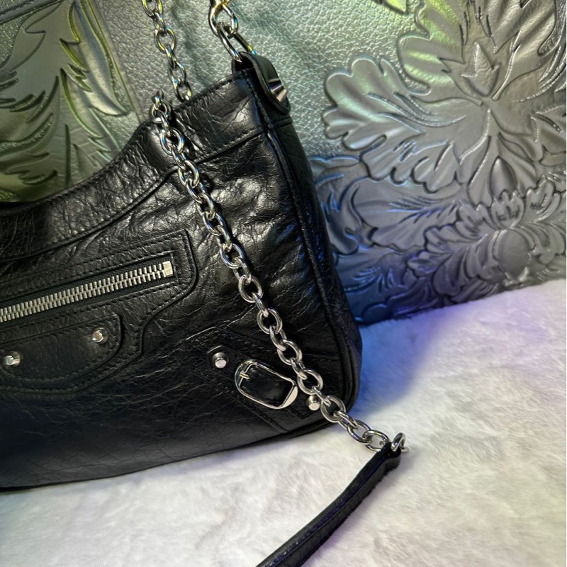 巴黎世家 機車包 黑銀 斜挎包 側背包 黑色皮革 鏈條包 black lambskin balenciaga classic city crossbody bag-11