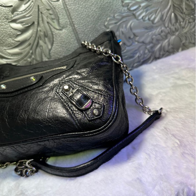 巴黎世家 機車包 黑銀 斜挎包 側背包 黑色皮革 鏈條包 black lambskin balenciaga classic city crossbody bag-13