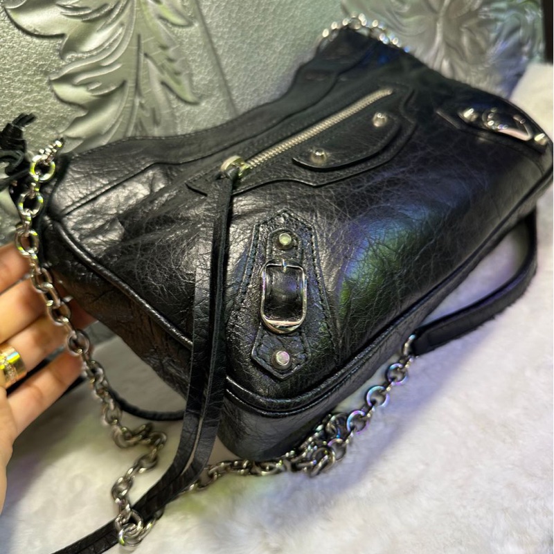 巴黎世家 機車包 黑銀 斜挎包 側背包 黑色皮革 鏈條包 black lambskin balenciaga classic city crossbody bag-14