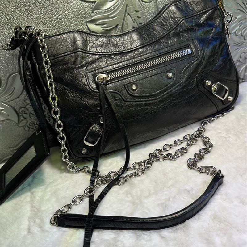 巴黎世家 機車包 黑銀 斜挎包 側背包 黑色皮革 鏈條包 black lambskin balenciaga classic city crossbody bag-20