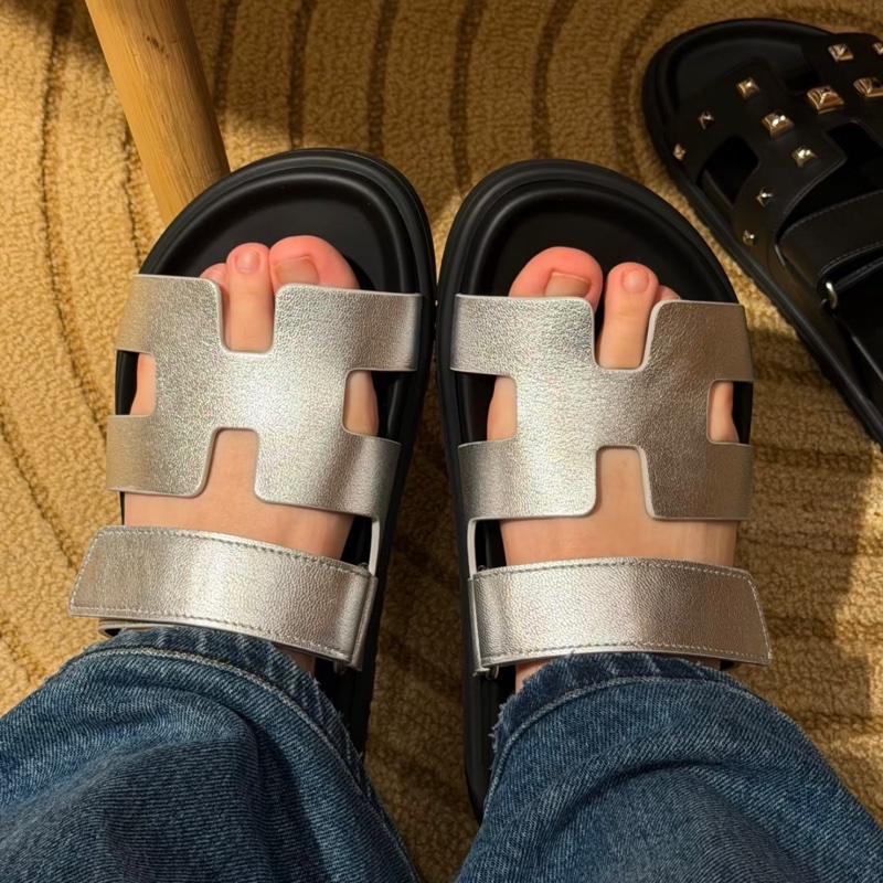 💖Hermes 二舅鞋 拖鞋 銀色 38號💖 全新全配-1