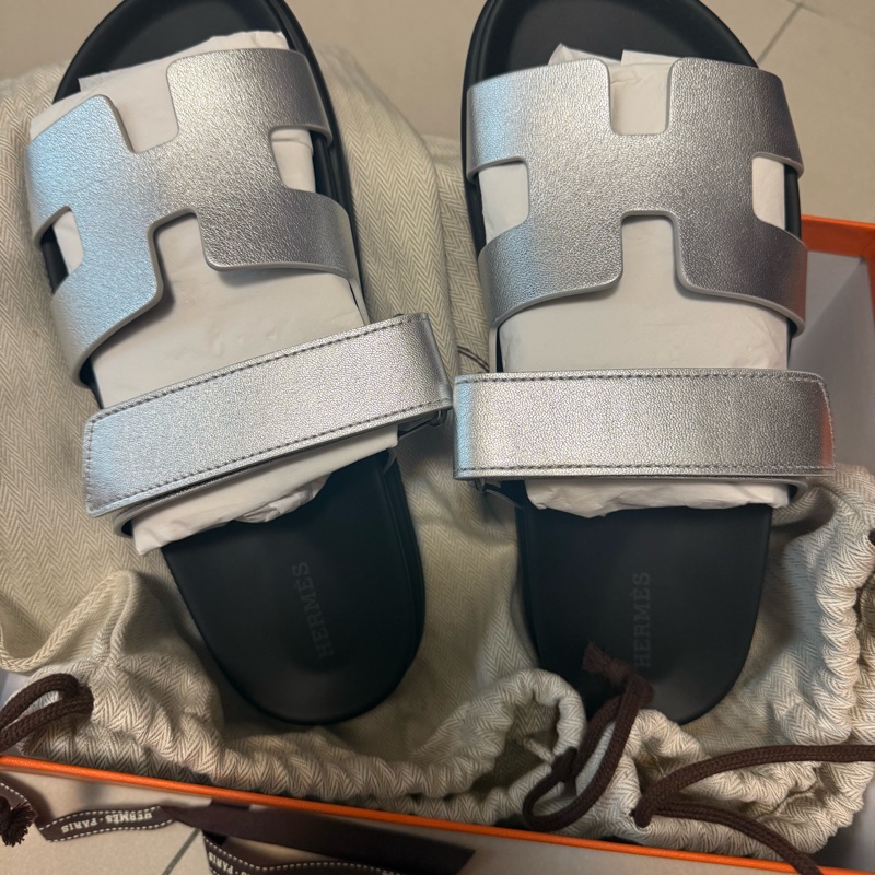 💖Hermes 二舅鞋 拖鞋 銀色 38號💖 全新全配-2
