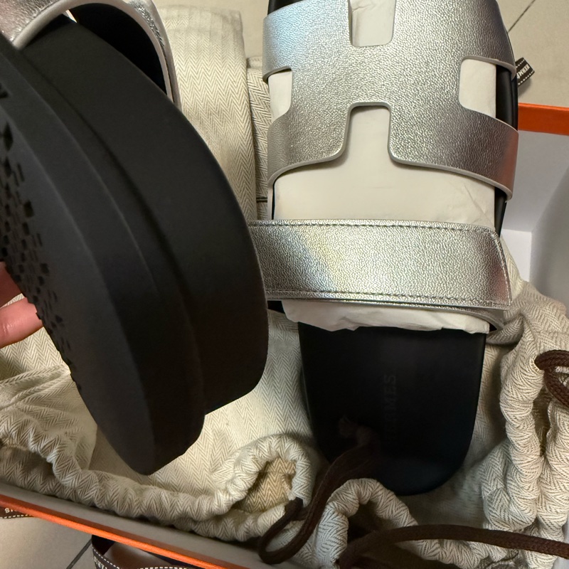💖Hermes 二舅鞋 拖鞋 銀色 38號💖 全新全配-8