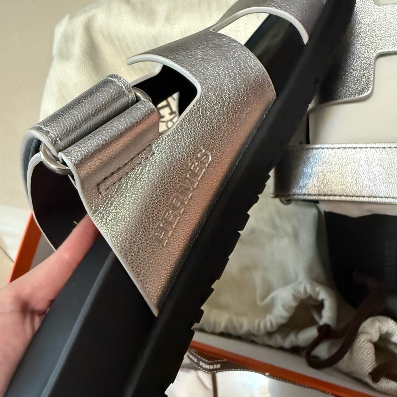 💖Hermes 二舅鞋 拖鞋 銀色 38號💖 全新全配-9