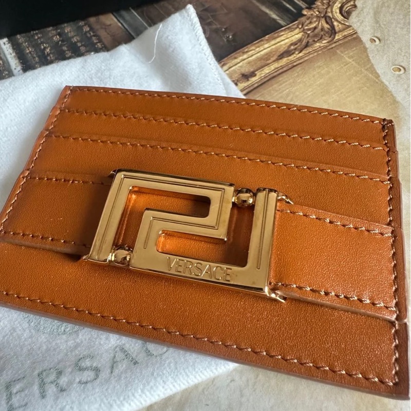 范思哲卡夾 短夾 焦糖色 大地色系 皮革 閒置 Versace gold color card holder-11